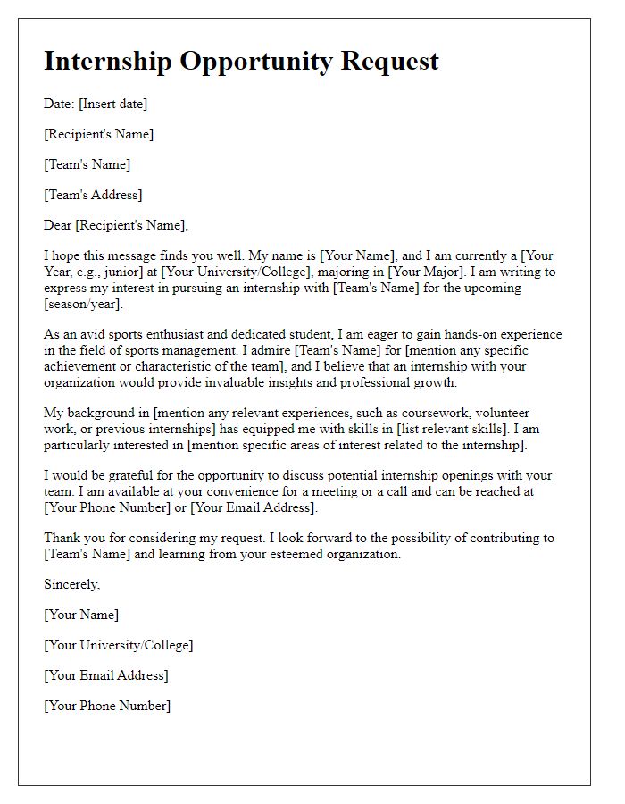 Letter template of sports team internship opportunity request