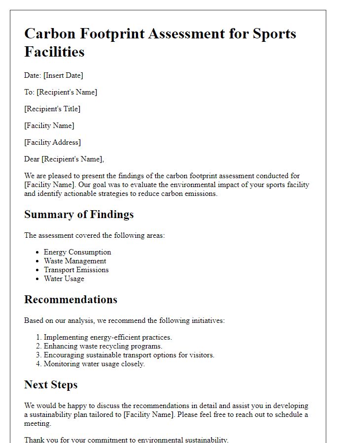 Letter template of carbon footprint assessment for sports facilities.