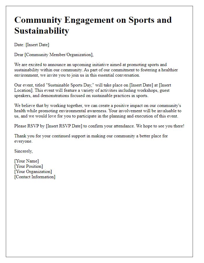 Letter template of community engagement on sports and sustainability.