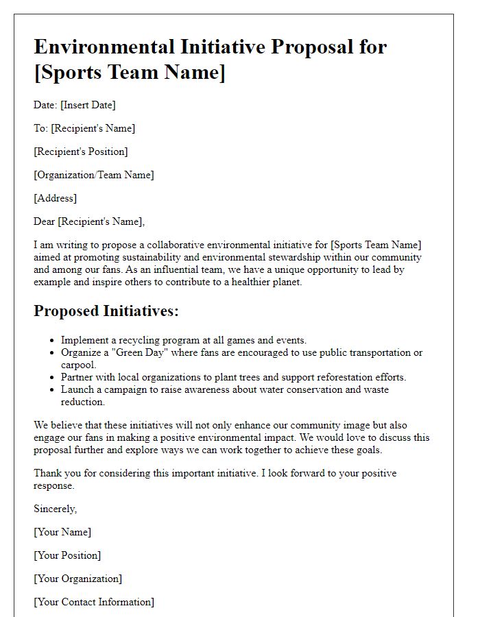 Letter template of environmental initiative proposal for sports teams.