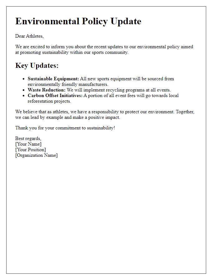 Letter template of environmental policy update for athletes.