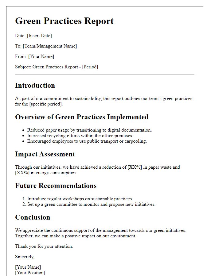 Letter template of green practices report for team management.