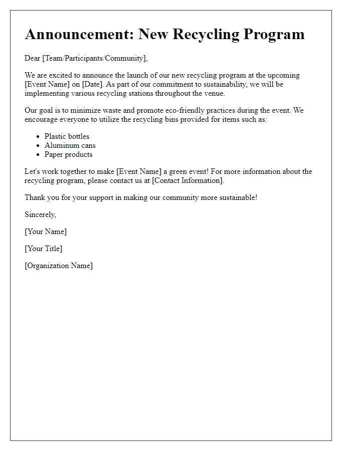 Letter template of recycling program announcement for sports events.