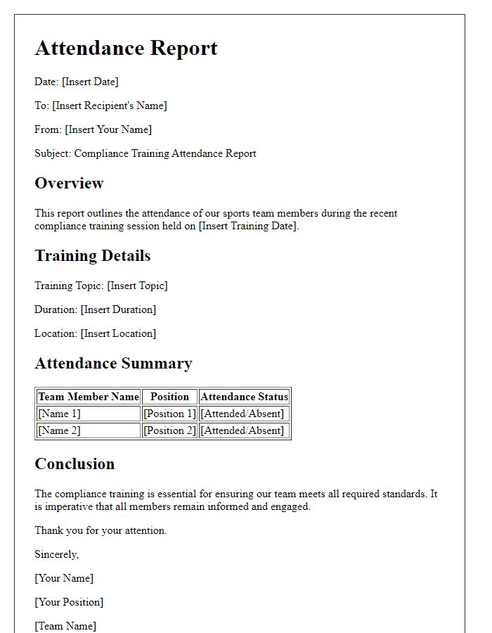 Letter template of sports team compliance training attendance report