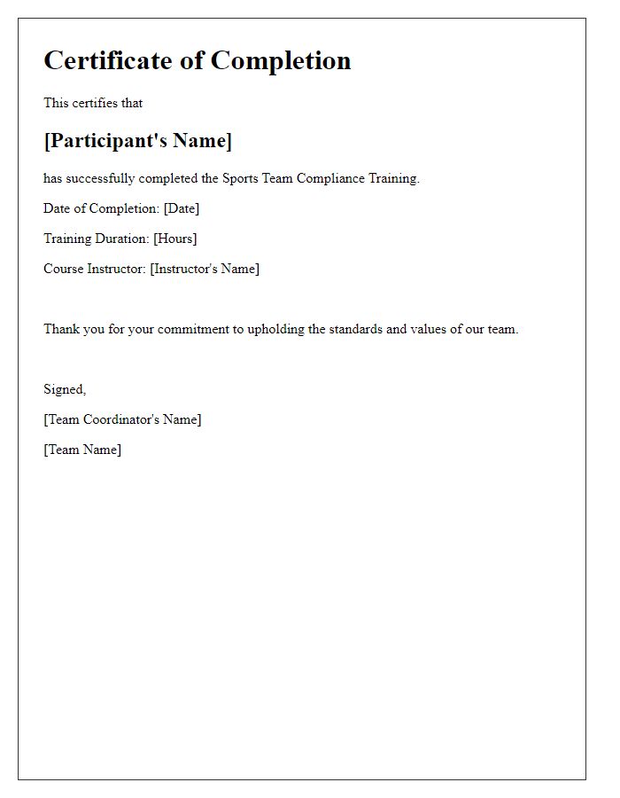 Letter template of sports team compliance training completion certificate