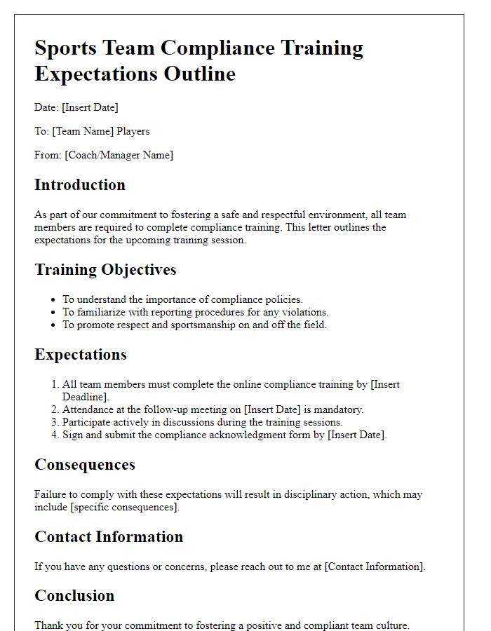 Letter template of sports team compliance training expectations outline