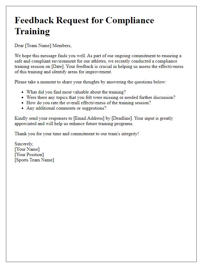 Letter template of sports team compliance training feedback request