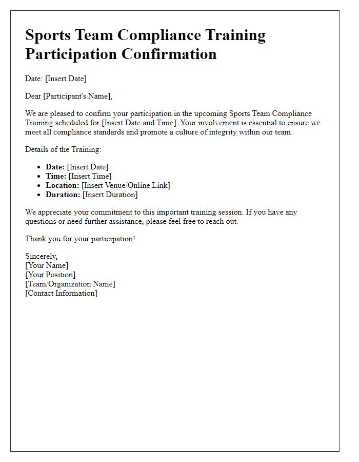 Letter template of sports team compliance training participation confirmation