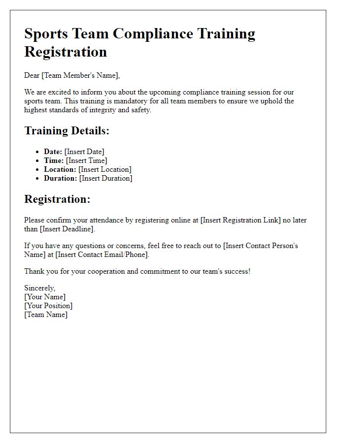 Letter template of sports team compliance training registration details