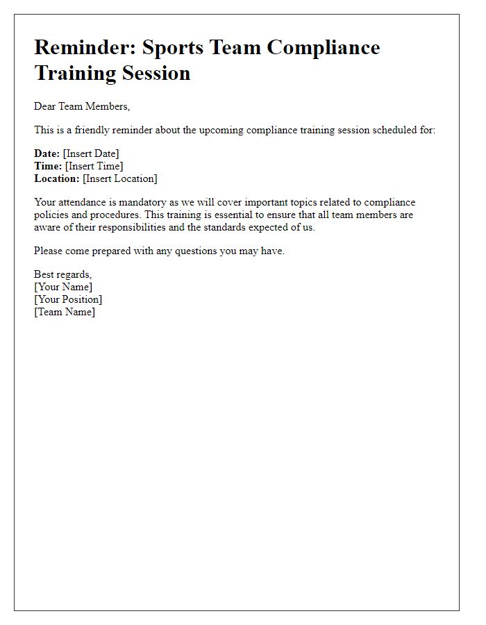 Letter template of sports team compliance training session reminder