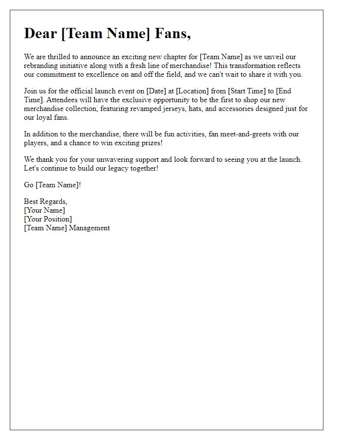 Letter template of sports team rebranding merchandise launch