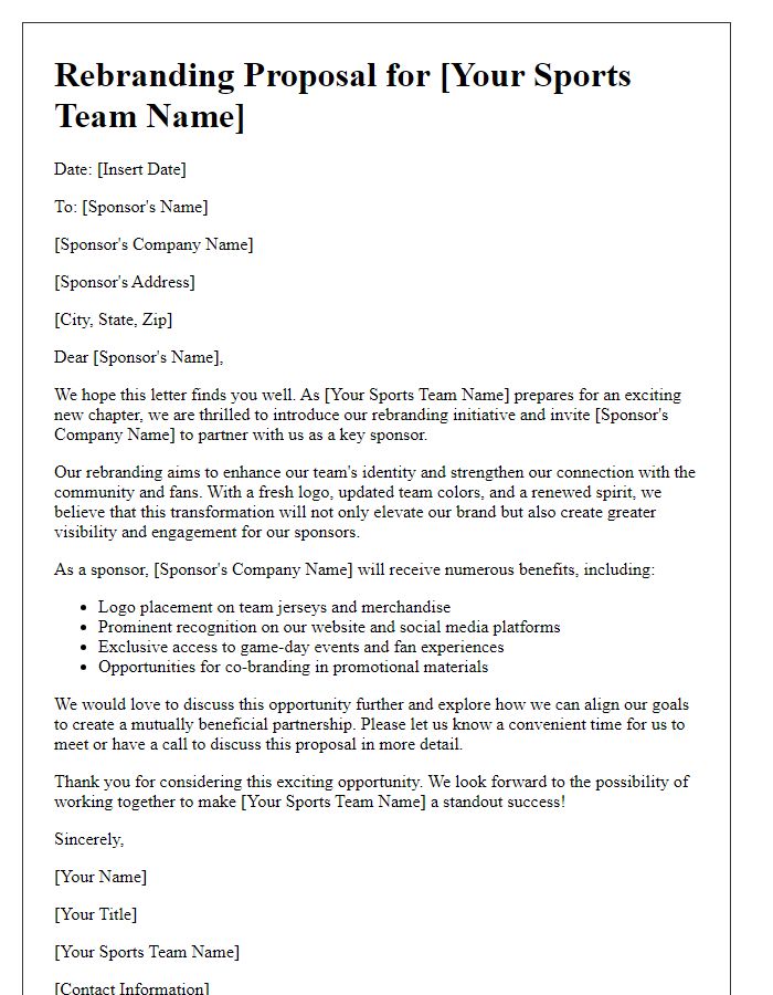 Letter template of sports team rebranding sponsor proposal