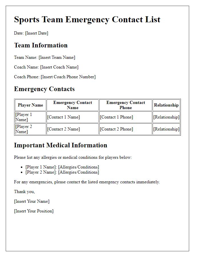 Letter template of sports team emergency contact list