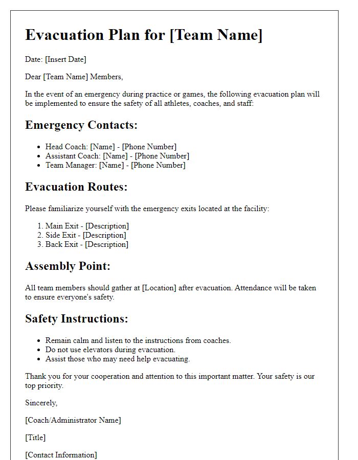 Letter template of sports team evacuation plan