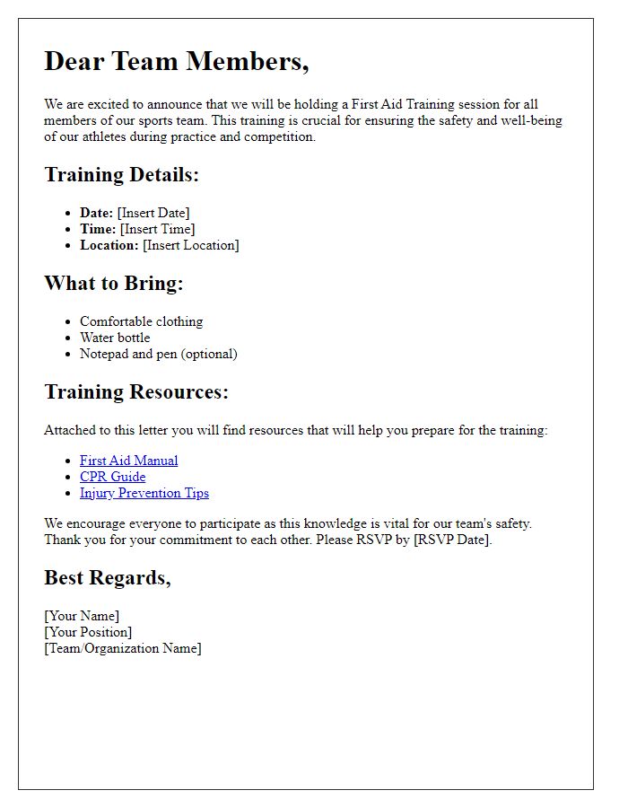 Letter template of sports team first aid training resources