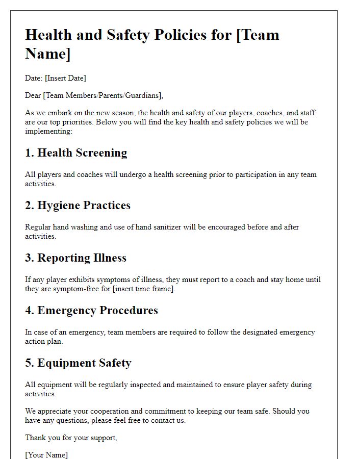 Letter template of sports team health and safety policies