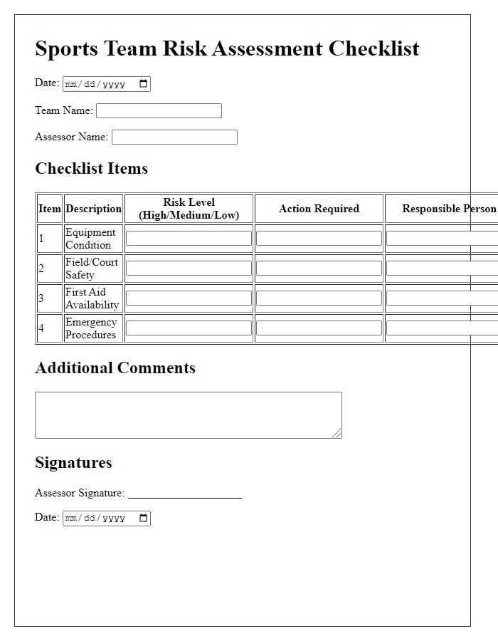 Letter template of sports team risk assessment checklist