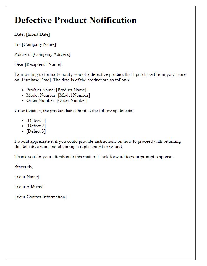 Letter template of defective product notification