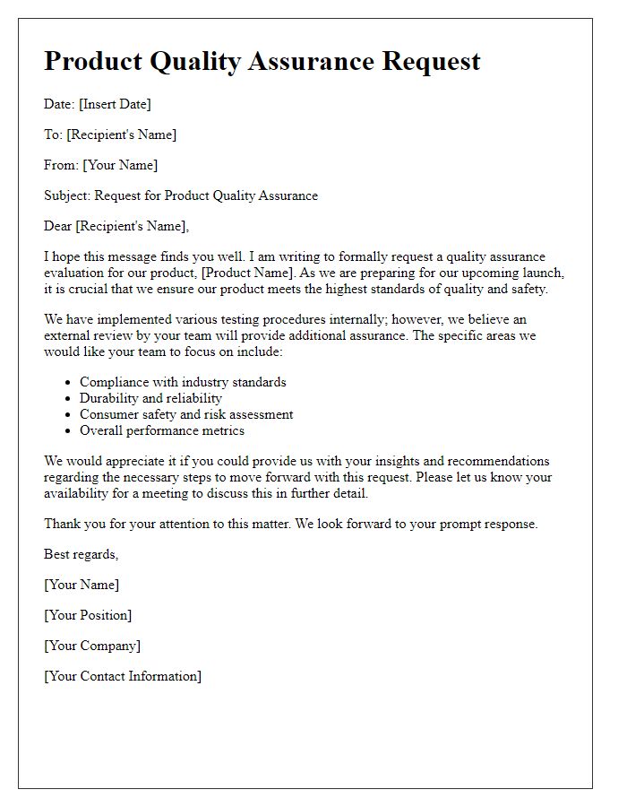 Letter template of product quality assurance request