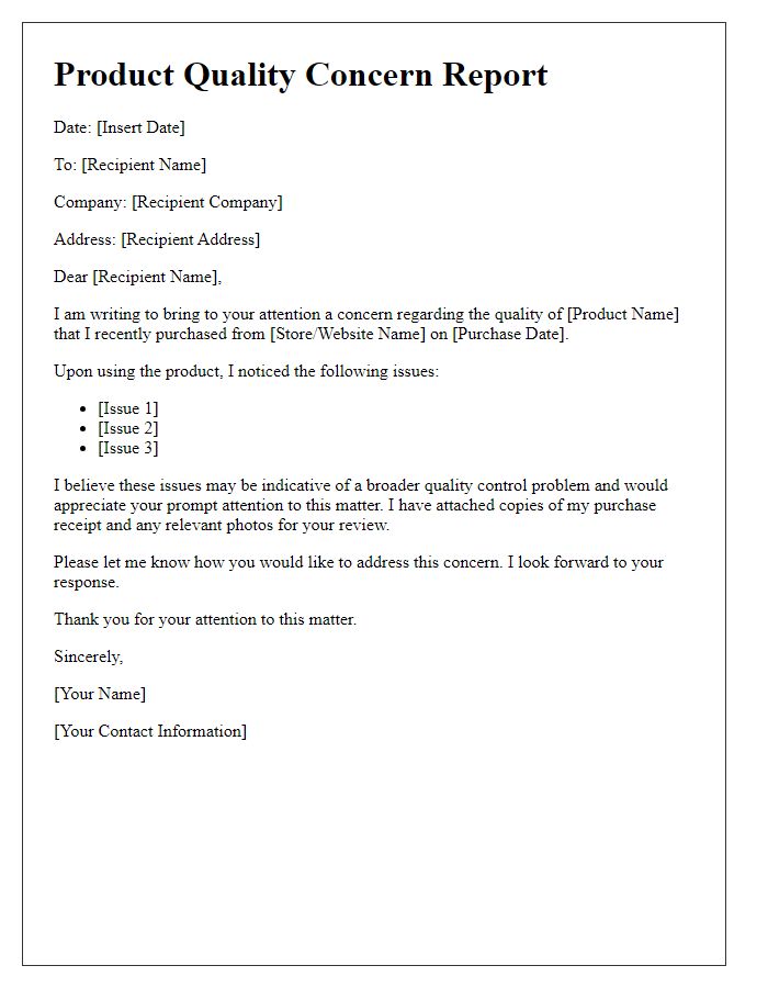 Letter template of product quality concern report