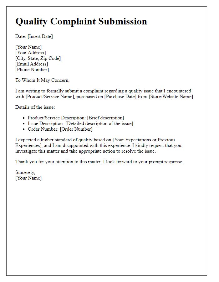 Letter template of quality complaint submission