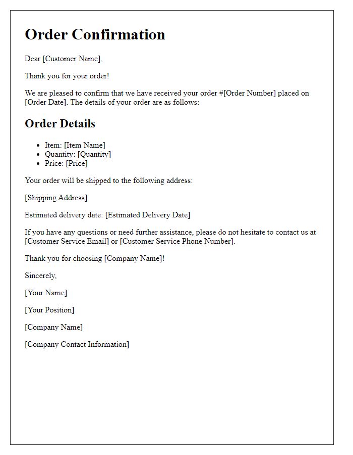 Letter template of Confirmation Letter for Your Order