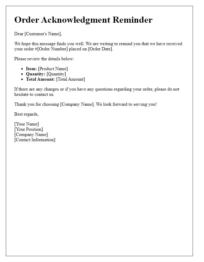 Letter template of Order Acknowledgment Reminder