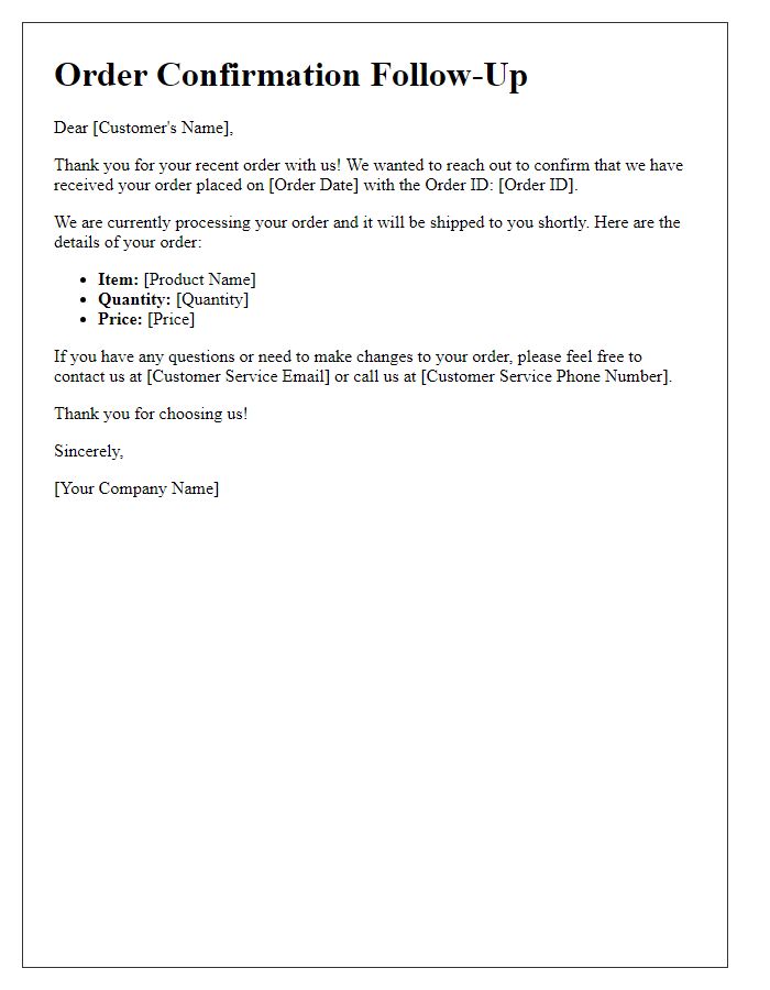 Letter template of Order Confirmation Follow-Up