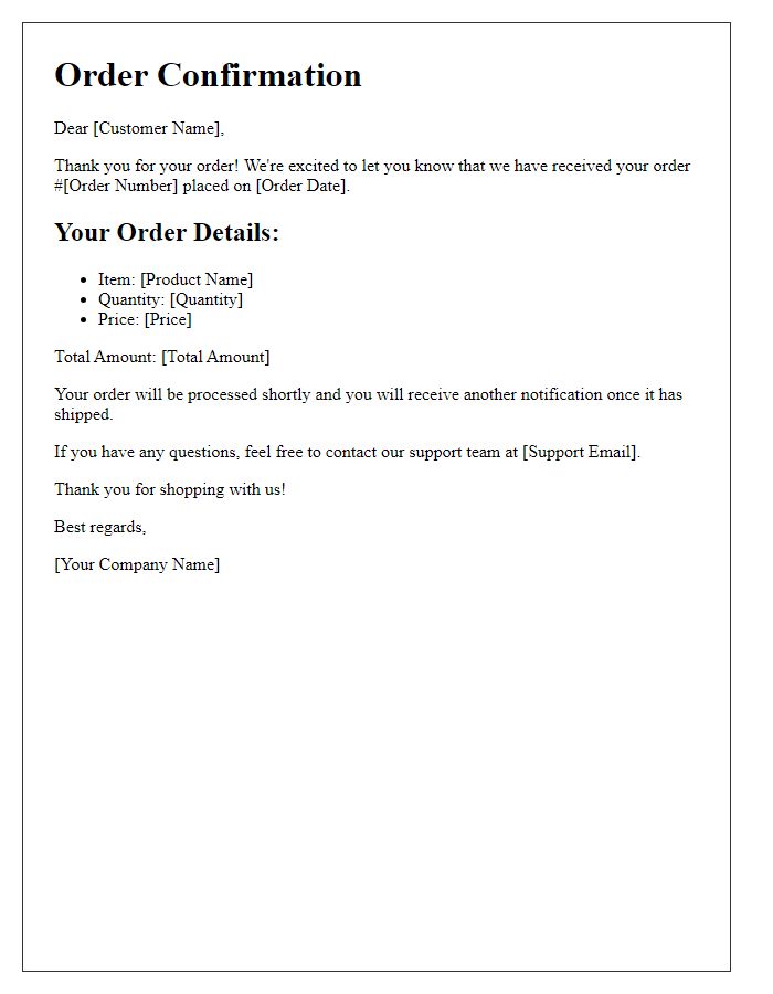 Letter template of Order Confirmation Notification