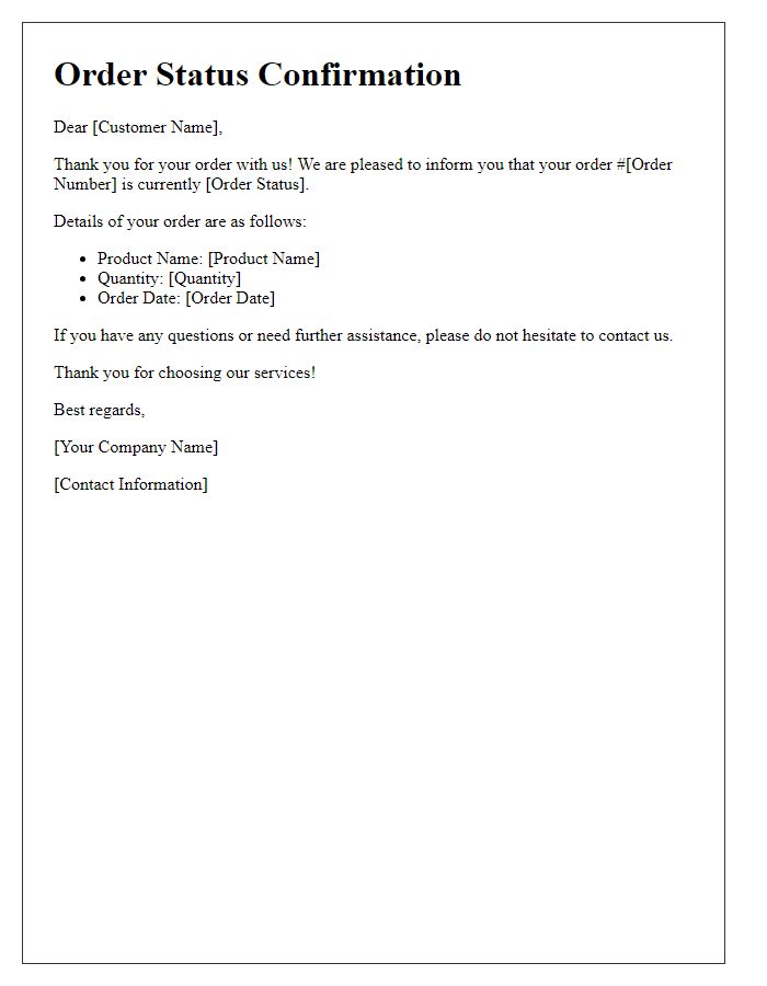Letter template of Order Status Confirmation