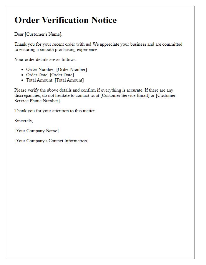 Letter template of Order Verification Notice