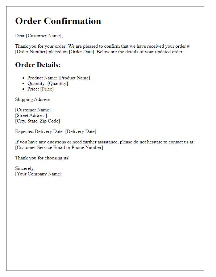 Letter template of Updated Order Confirmation