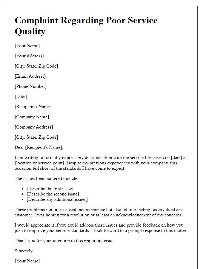 Letter template of Complaint Regarding Poor Service Quality