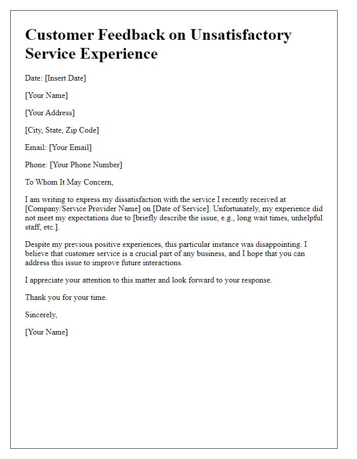 Letter template of Customer Feedback on Unsatisfactory Service Experience