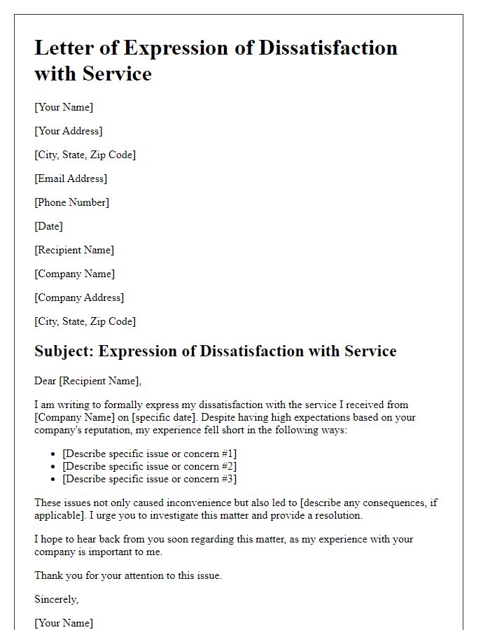 Letter template of Expression of Dissatisfaction with Service