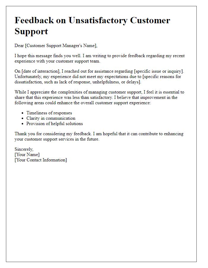 Letter template of Feedback on Unsatisfactory Customer Support