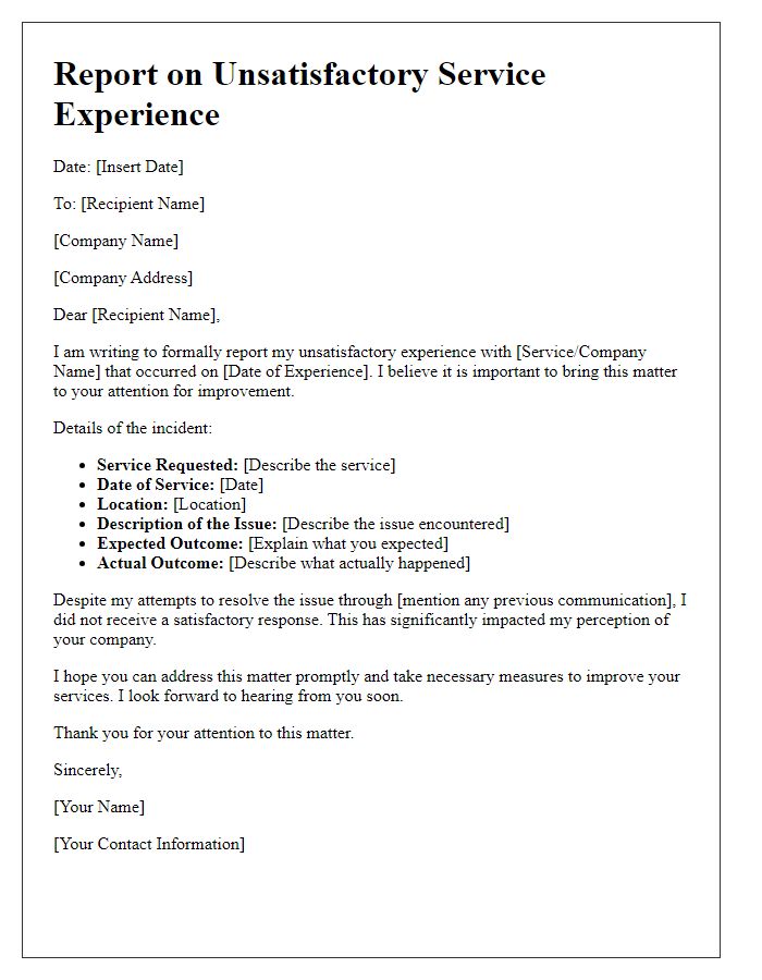 Letter template of Report on Unsatisfactory Service Experience