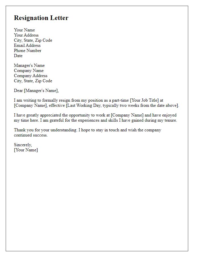 Letter template of formal resignation from a part-time job