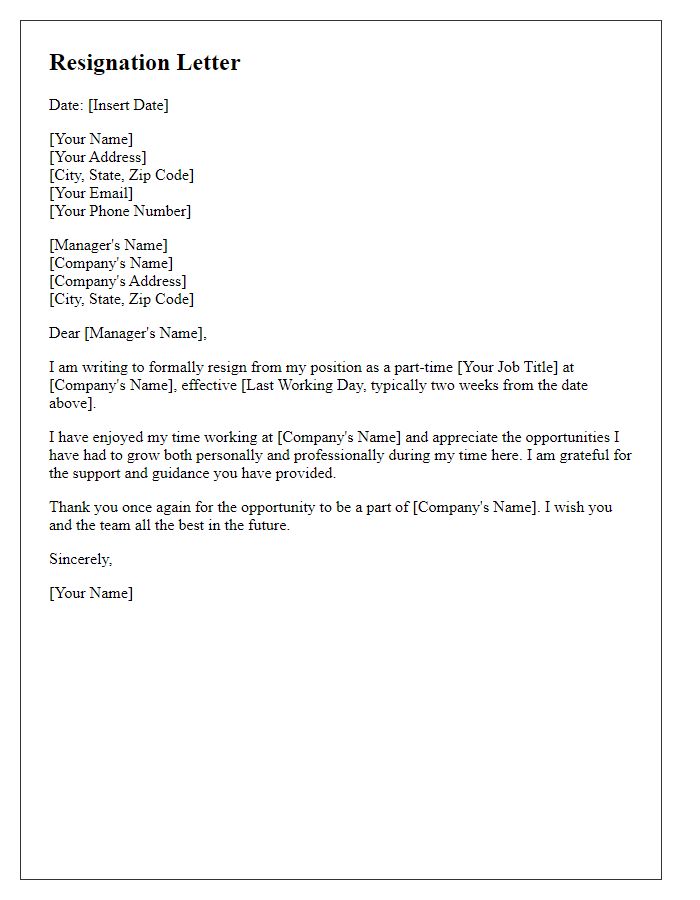 Letter template of resignation letter for part-time staff