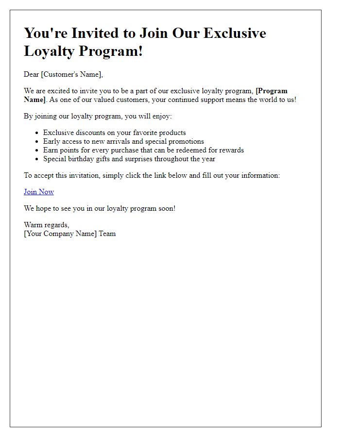 Letter template of exclusive loyalty program invitation