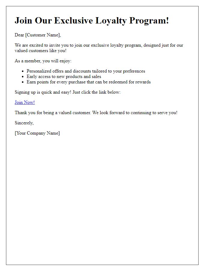 Letter template of personalized loyalty program sign-up