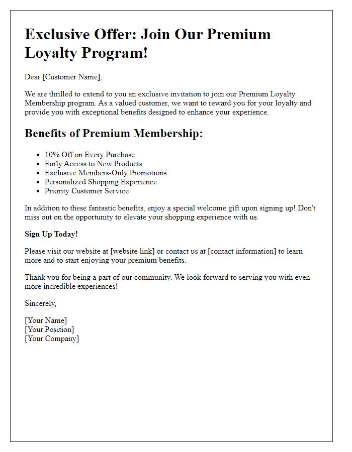 Letter template of premium loyalty membership offer