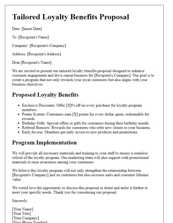 Letter template of tailored loyalty benefits proposal