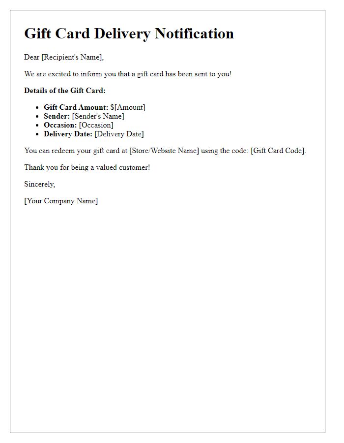Letter template of gift card delivery notification