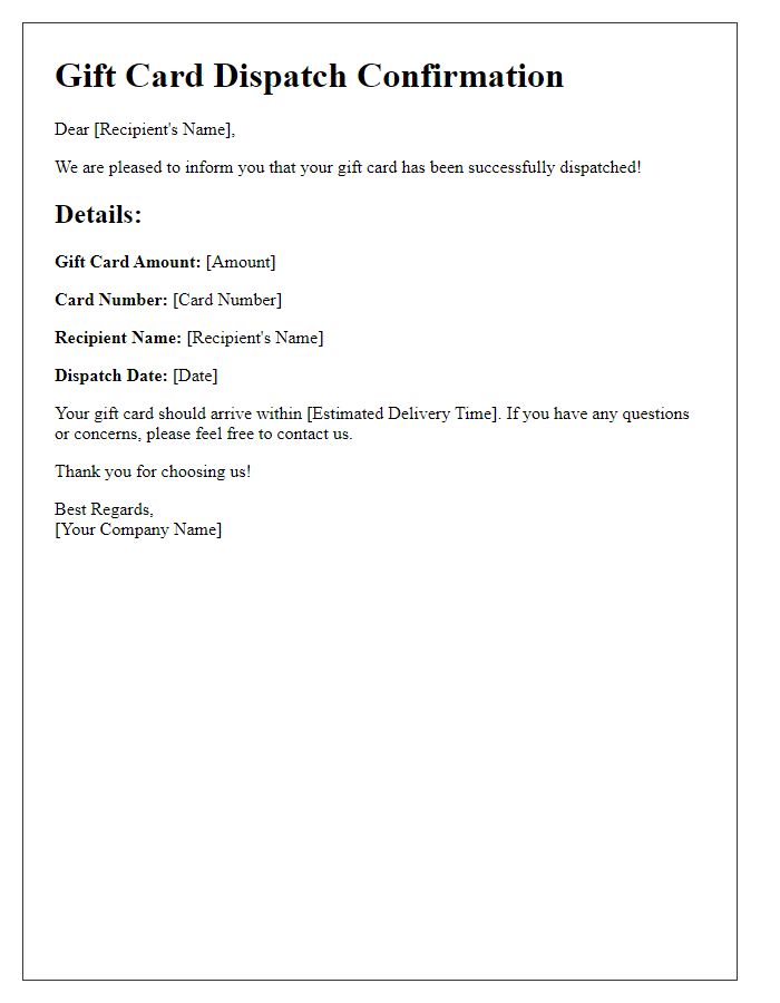 Letter template of gift card dispatch confirmation