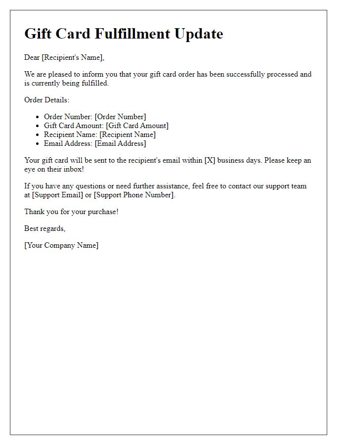 Letter template of gift card fulfillment update