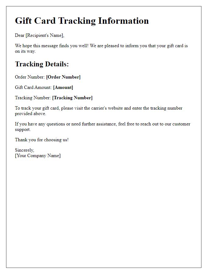 Letter template of gift card tracking information