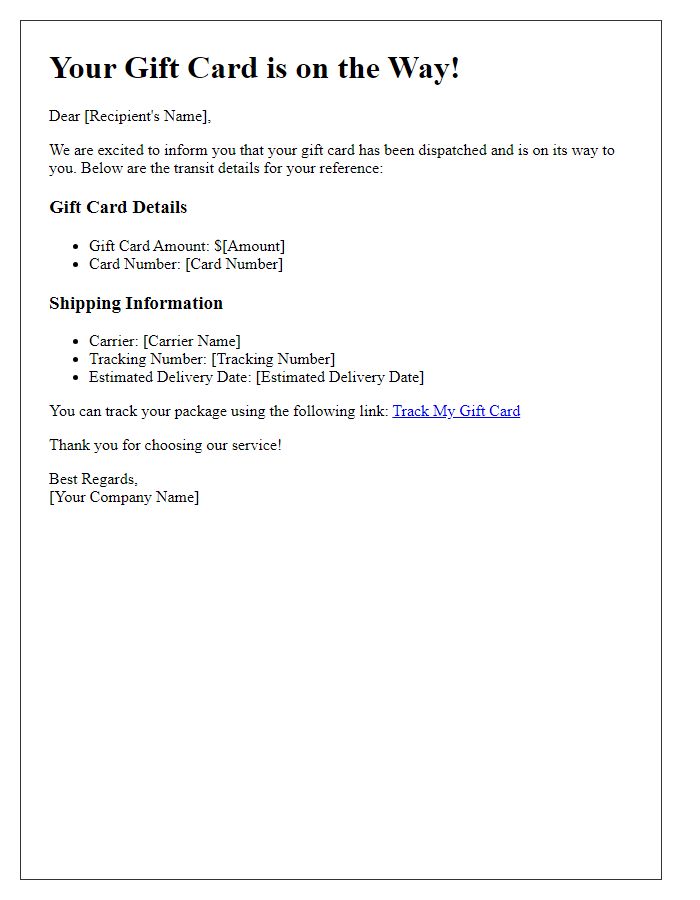Letter template of gift card transit information