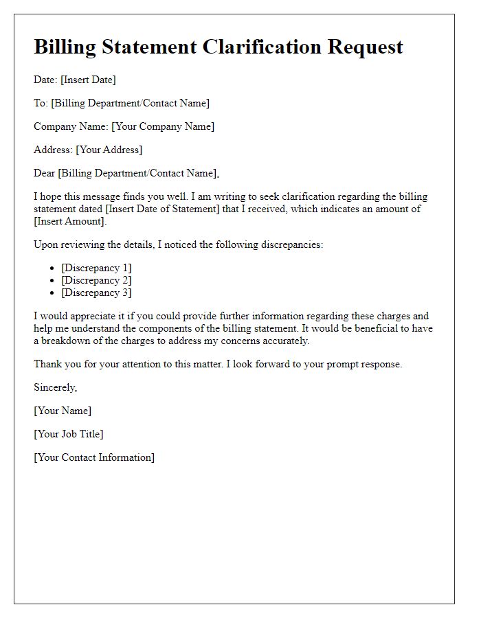 Letter template of billing statement clarification