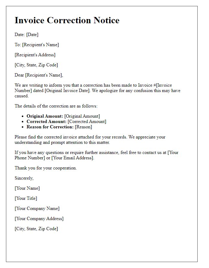 Letter template of invoice correction notice